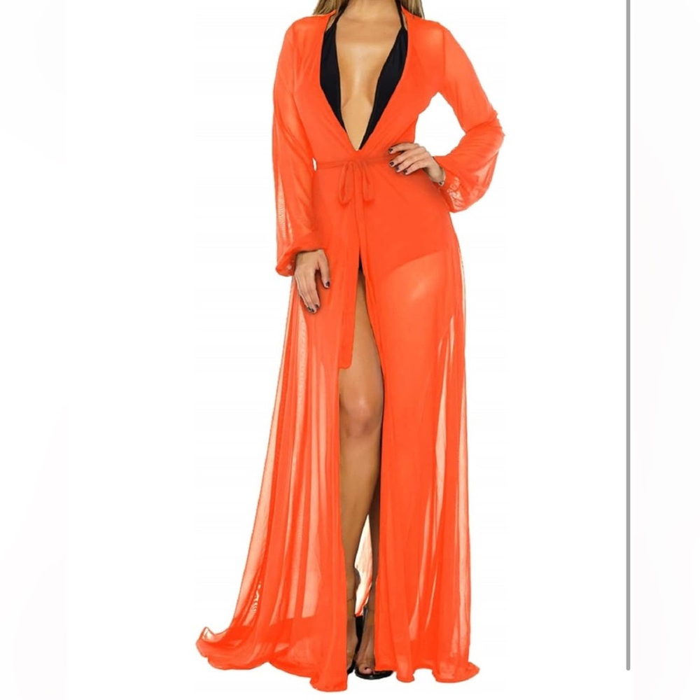 Great condition - Orange Mesh Long Sleeve Tie Front Maxi Cover Up